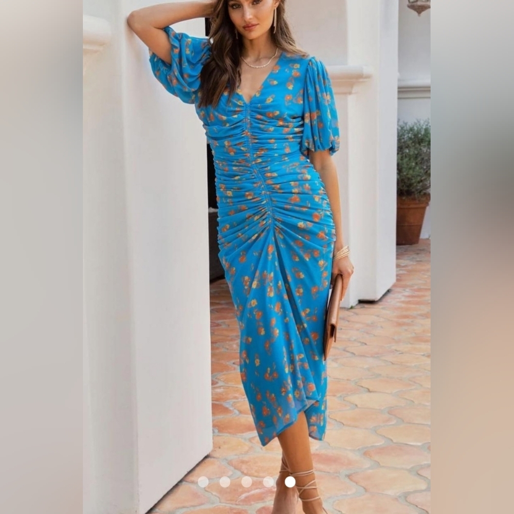 Blue Ruched Midi Dress with Puff Sleeves and Floral Detail